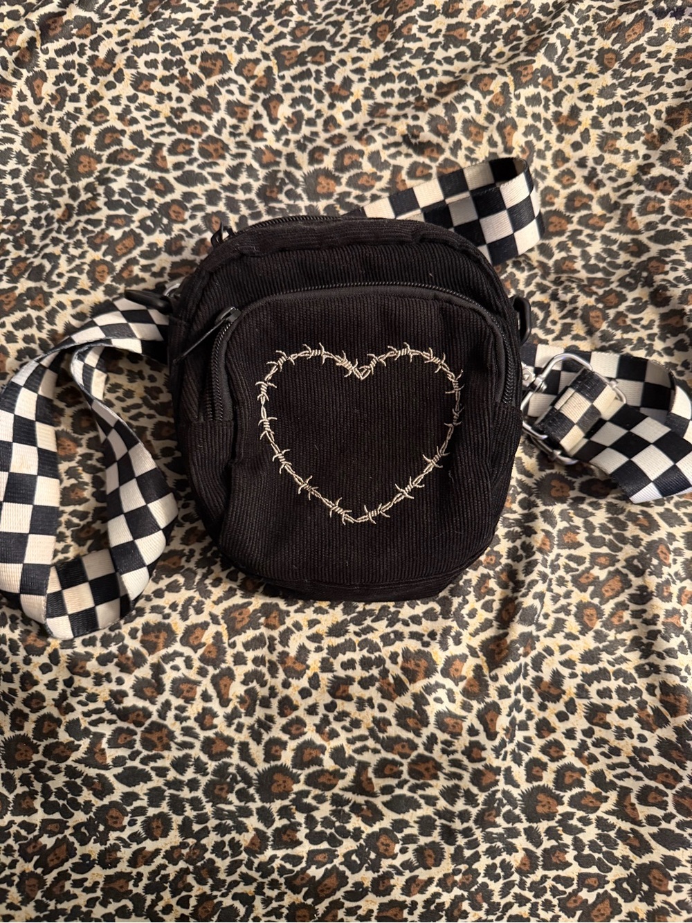 Black Heart Embroidered Crossbody Bag with Checkerboard Strap